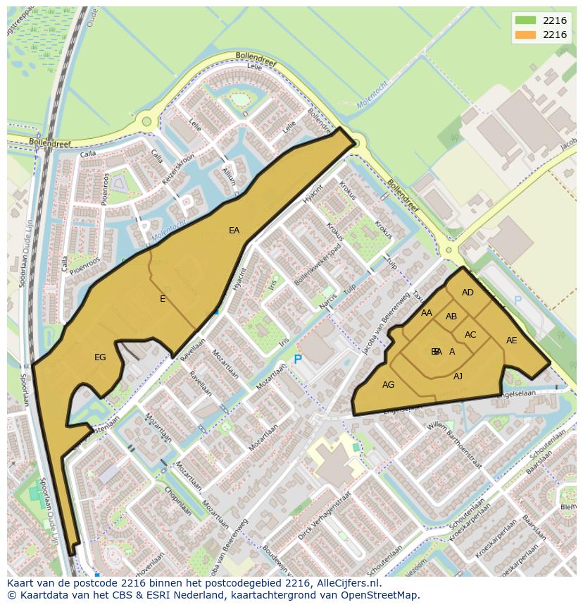 Afbeelding van het postcodegebied 2216 op de kaart.