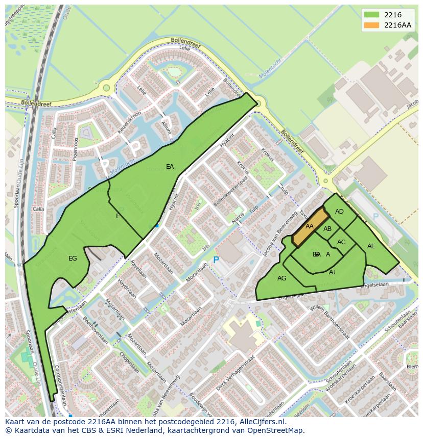 Afbeelding van het postcodegebied 2216 AA op de kaart.