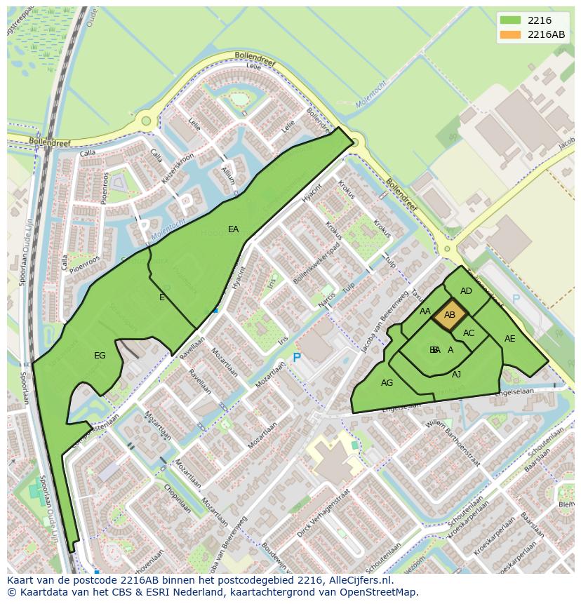 Afbeelding van het postcodegebied 2216 AB op de kaart.