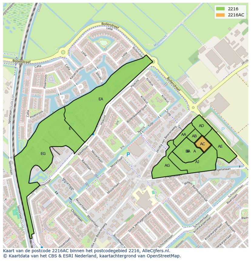 Afbeelding van het postcodegebied 2216 AC op de kaart.