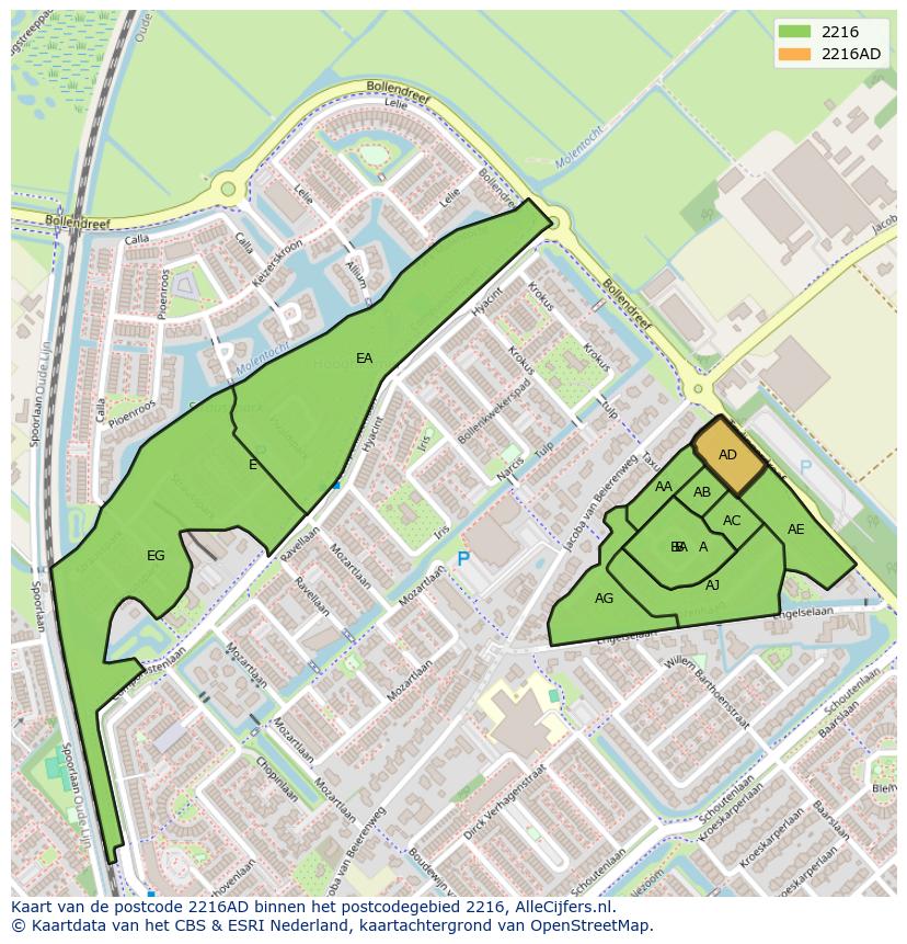 Afbeelding van het postcodegebied 2216 AD op de kaart.