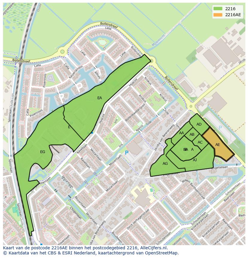 Afbeelding van het postcodegebied 2216 AE op de kaart.