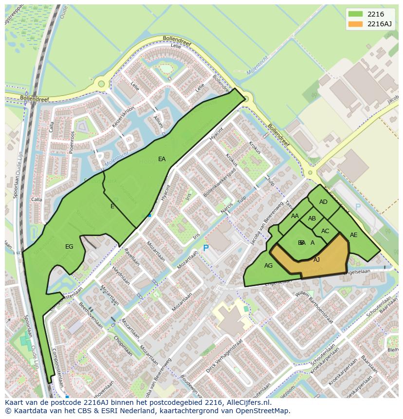 Afbeelding van het postcodegebied 2216 AJ op de kaart.