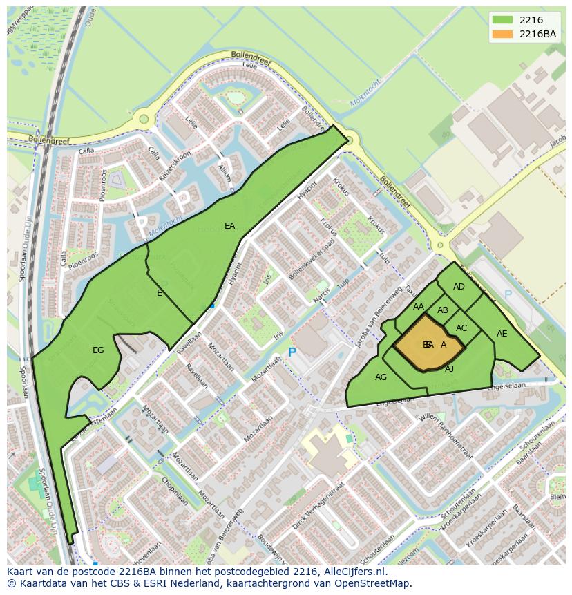 Afbeelding van het postcodegebied 2216 BA op de kaart.