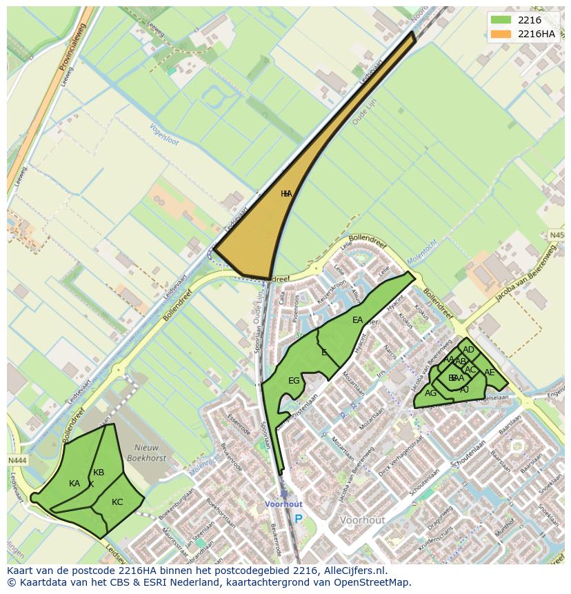 Afbeelding van het postcodegebied 2216 HA op de kaart.