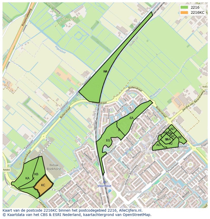 Afbeelding van het postcodegebied 2216 KC op de kaart.