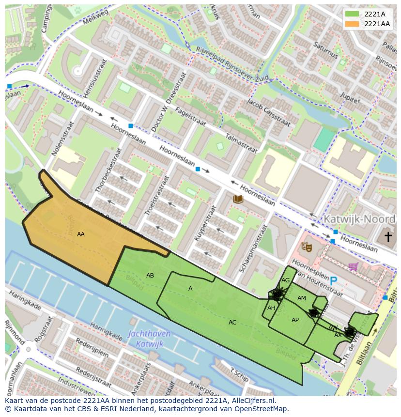Afbeelding van het postcodegebied 2221 AA op de kaart.