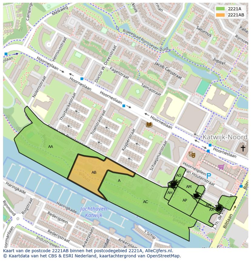 Afbeelding van het postcodegebied 2221 AB op de kaart.