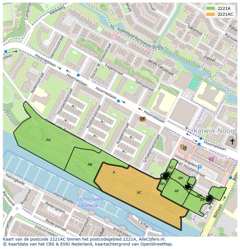 Afbeelding van het postcodegebied 2221 AC op de kaart.