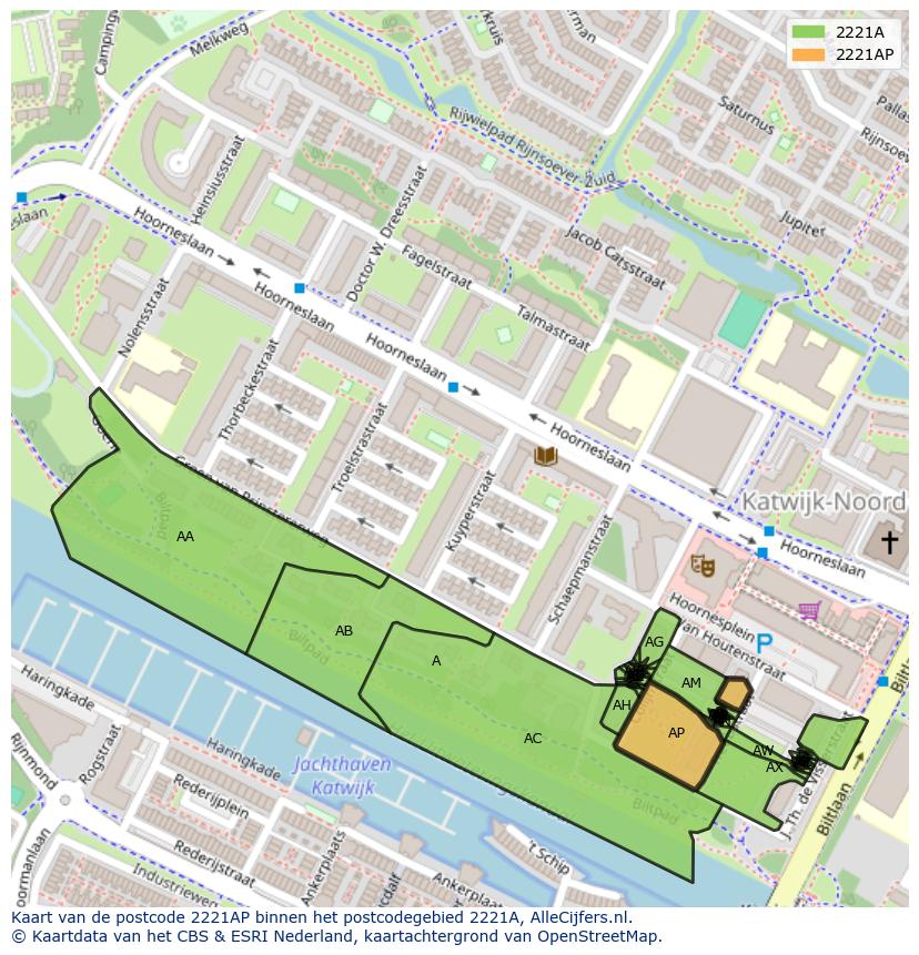 Afbeelding van het postcodegebied 2221 AP op de kaart.