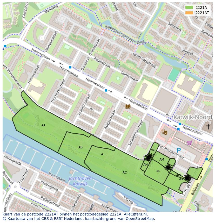 Afbeelding van het postcodegebied 2221 AT op de kaart.