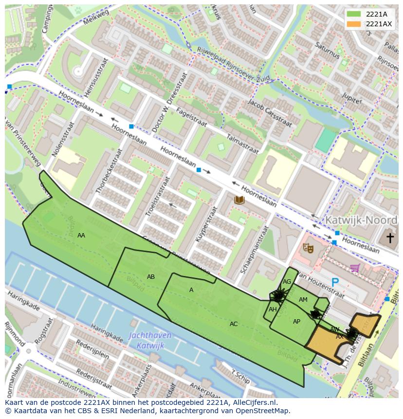 Afbeelding van het postcodegebied 2221 AX op de kaart.