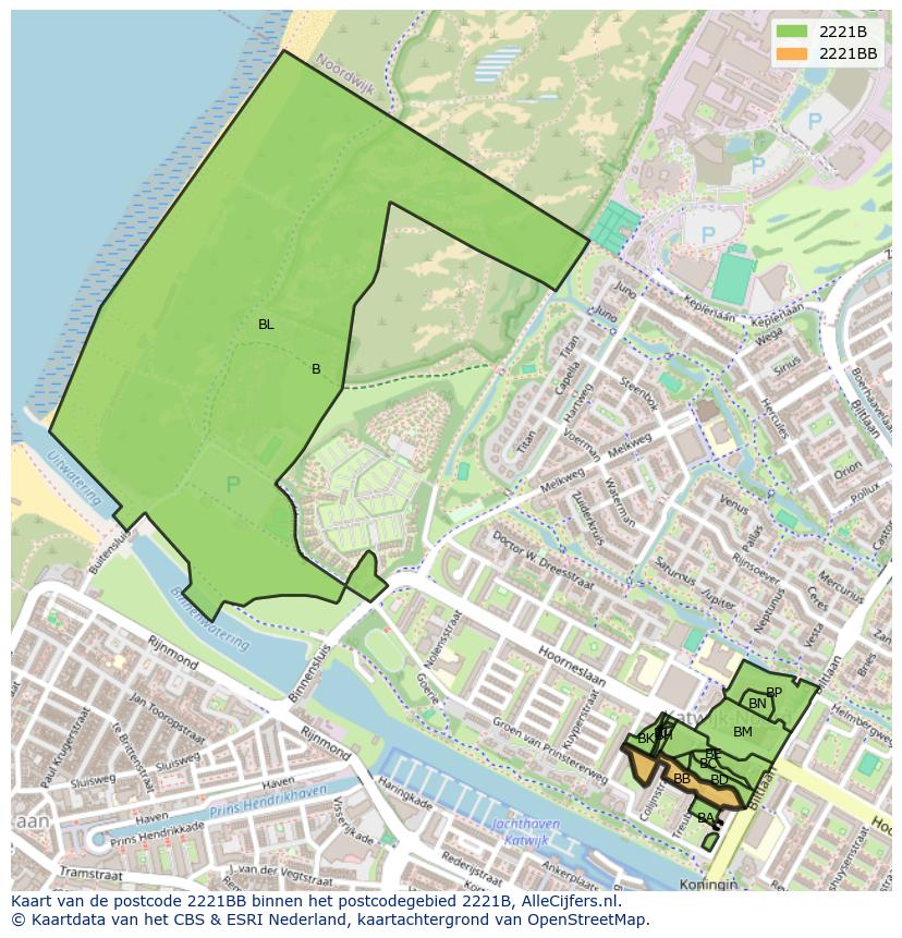 Afbeelding van het postcodegebied 2221 BB op de kaart.