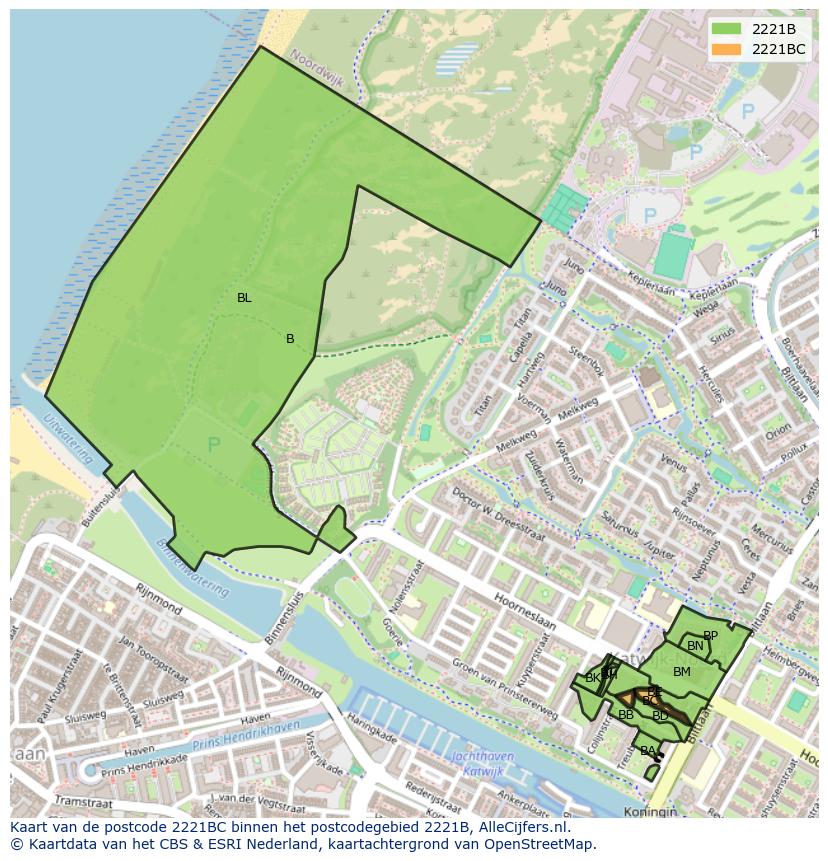 Afbeelding van het postcodegebied 2221 BC op de kaart.