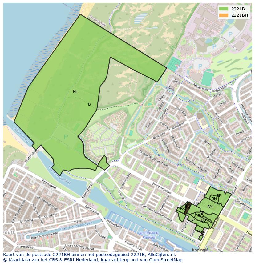 Afbeelding van het postcodegebied 2221 BH op de kaart.