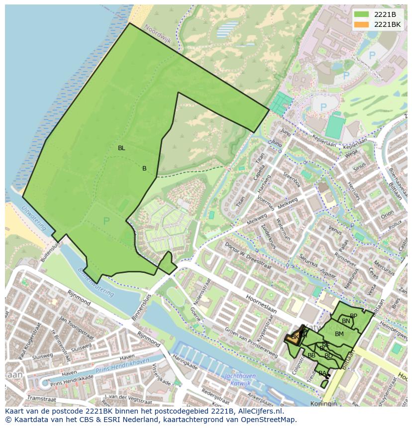 Afbeelding van het postcodegebied 2221 BK op de kaart.