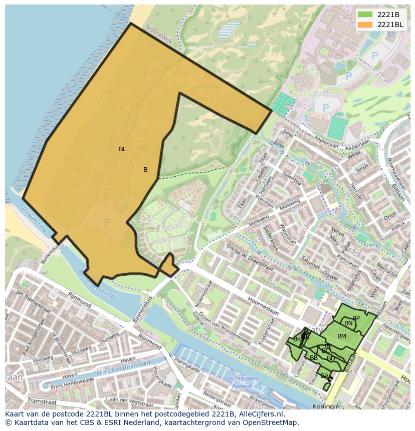 Afbeelding van het postcodegebied 2221 BL op de kaart.