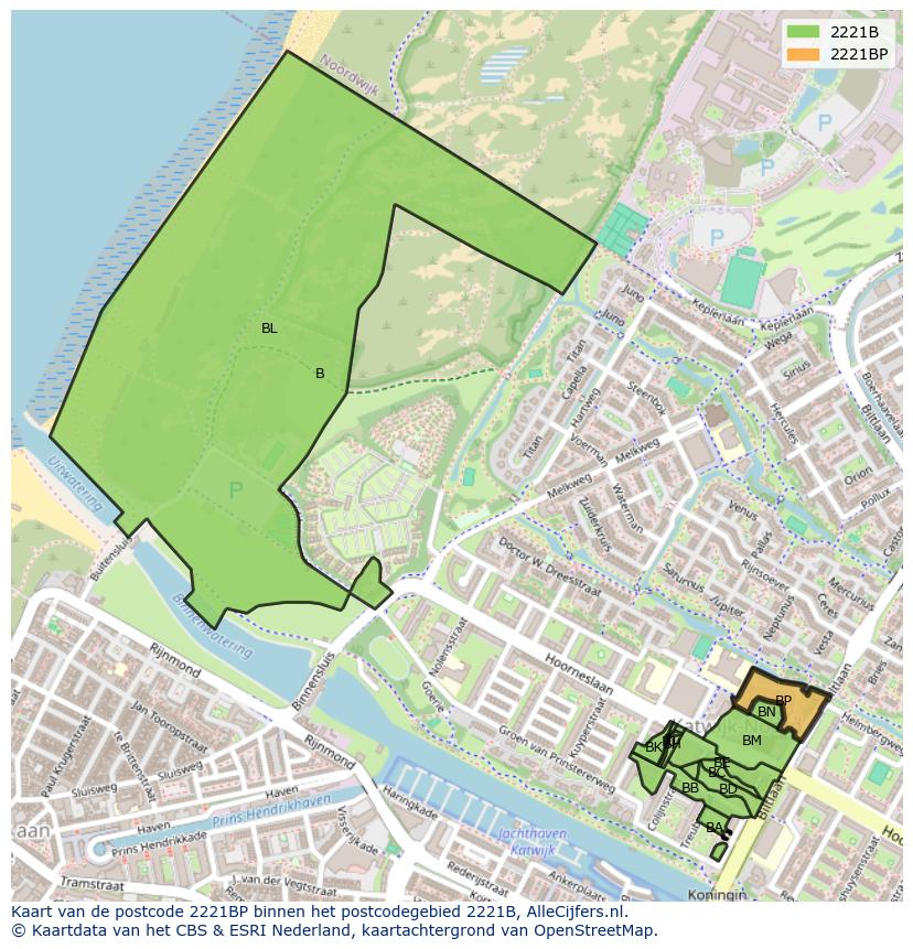 Afbeelding van het postcodegebied 2221 BP op de kaart.