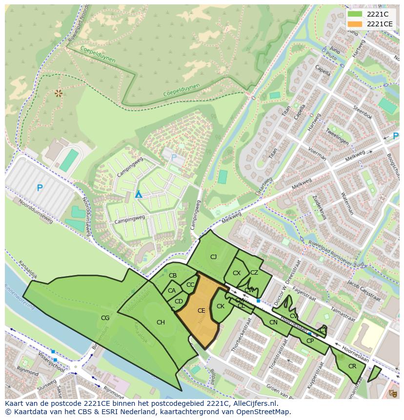 Afbeelding van het postcodegebied 2221 CE op de kaart.