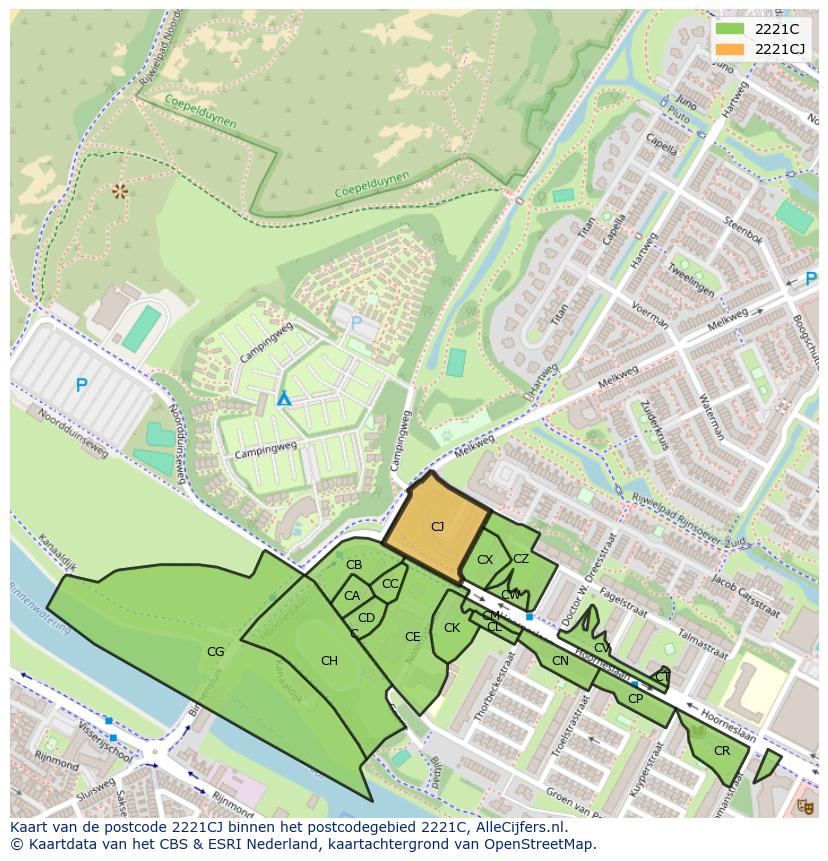 Afbeelding van het postcodegebied 2221 CJ op de kaart.
