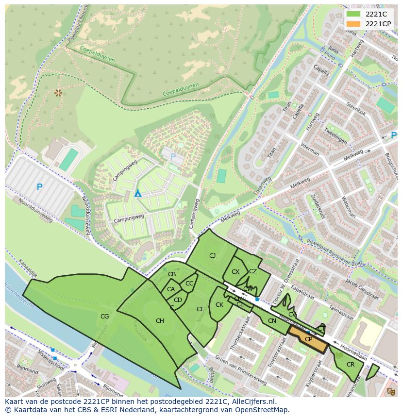 Afbeelding van het postcodegebied 2221 CP op de kaart.