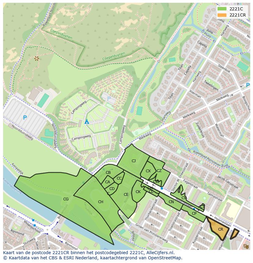 Afbeelding van het postcodegebied 2221 CR op de kaart.