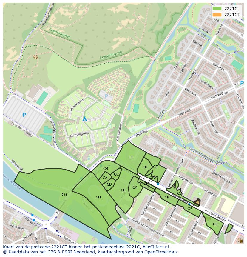 Afbeelding van het postcodegebied 2221 CT op de kaart.