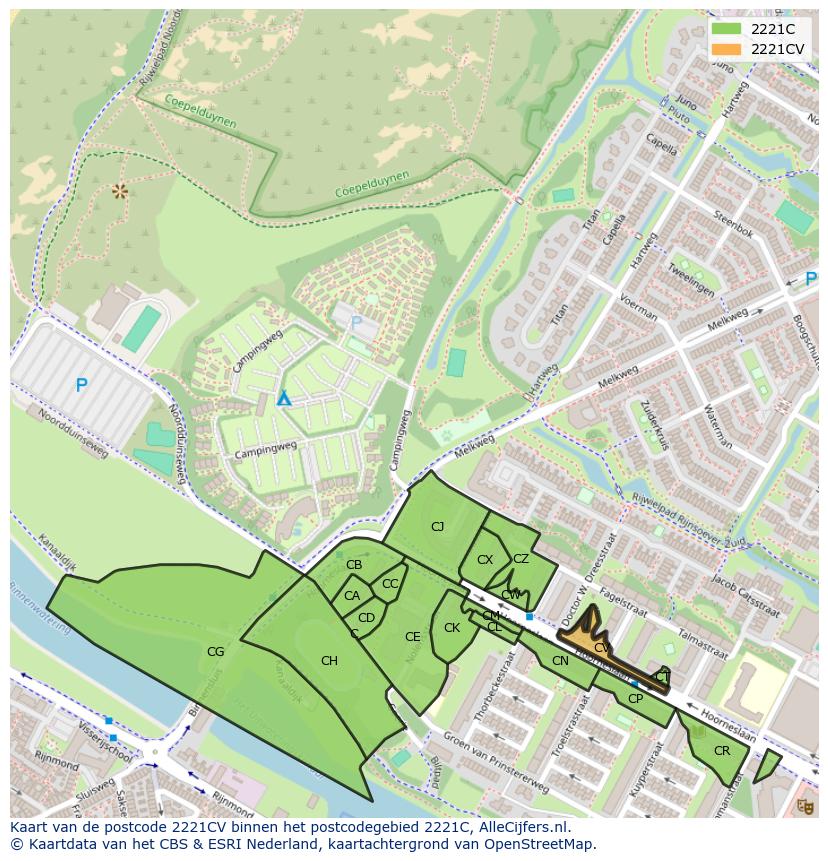 Afbeelding van het postcodegebied 2221 CV op de kaart.