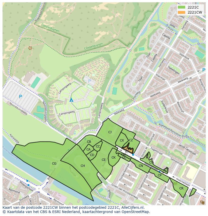 Afbeelding van het postcodegebied 2221 CW op de kaart.