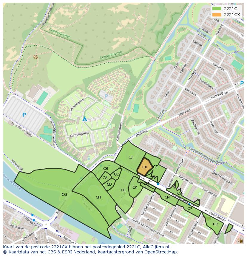 Afbeelding van het postcodegebied 2221 CX op de kaart.