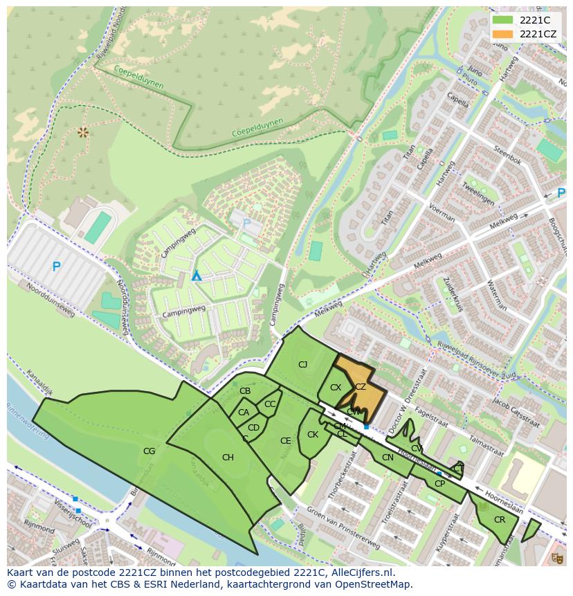 Afbeelding van het postcodegebied 2221 CZ op de kaart.