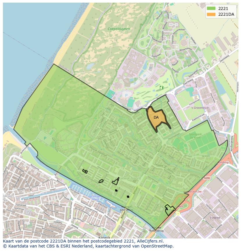 Afbeelding van het postcodegebied 2221 DA op de kaart.