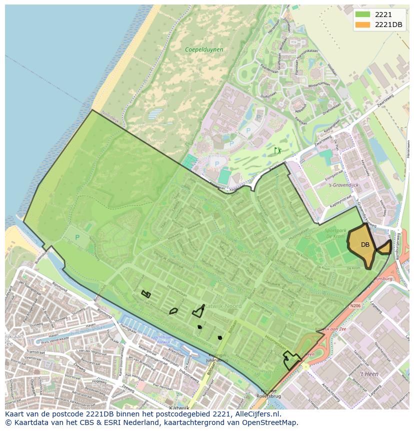 Afbeelding van het postcodegebied 2221 DB op de kaart.