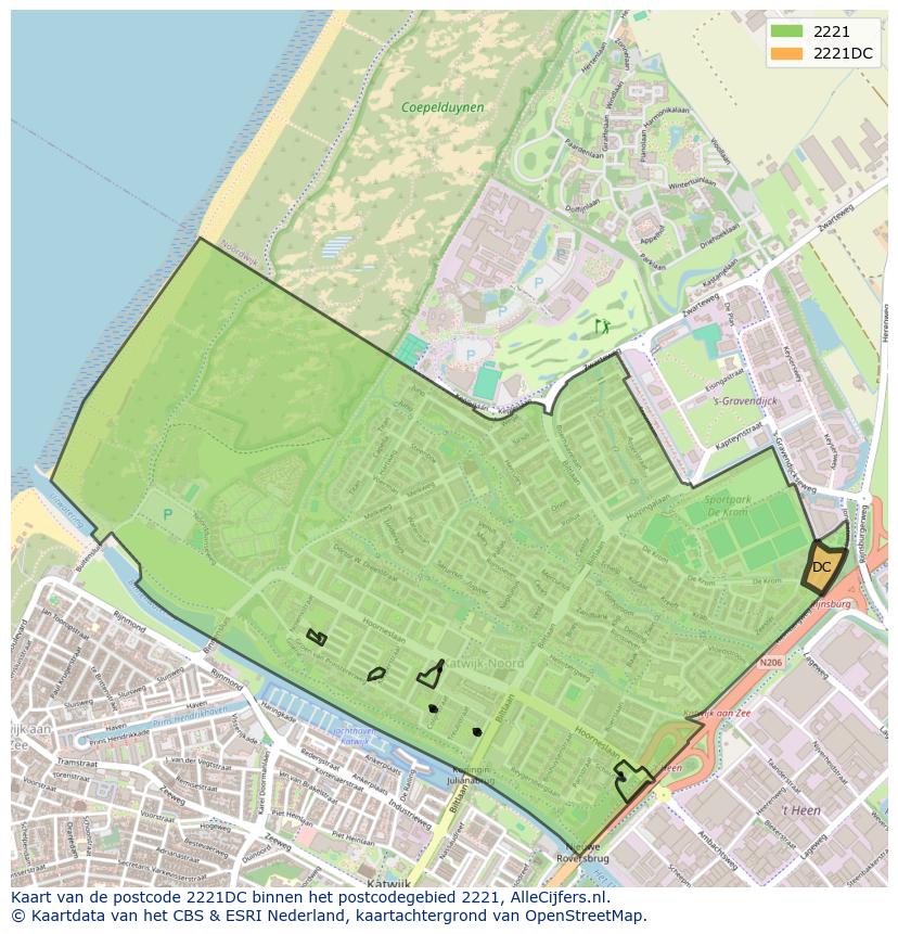Afbeelding van het postcodegebied 2221 DC op de kaart.