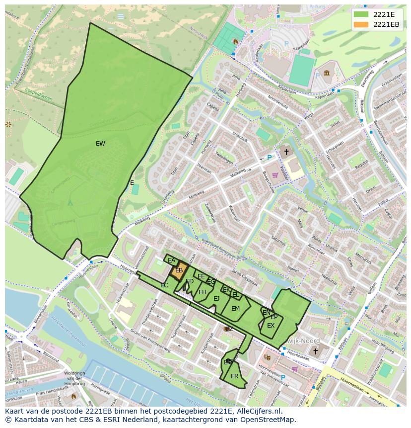 Afbeelding van het postcodegebied 2221 EB op de kaart.
