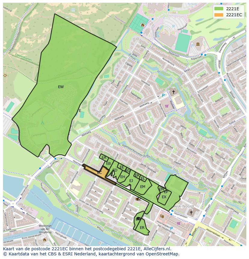 Afbeelding van het postcodegebied 2221 EC op de kaart.