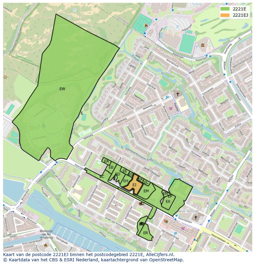 Afbeelding van het postcodegebied 2221 EJ op de kaart.