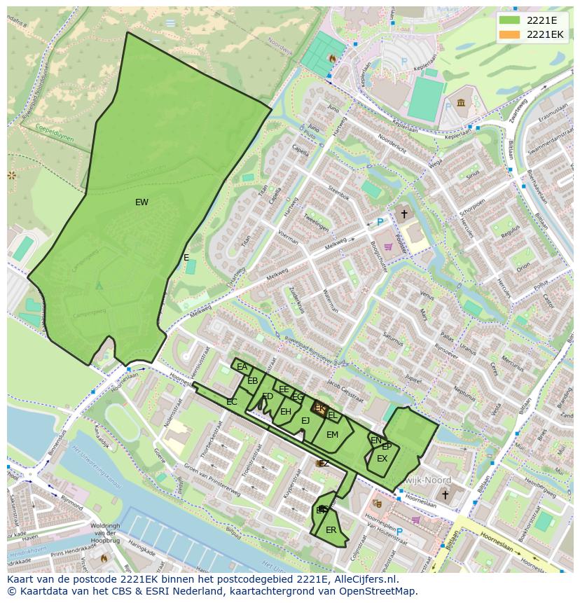 Afbeelding van het postcodegebied 2221 EK op de kaart.