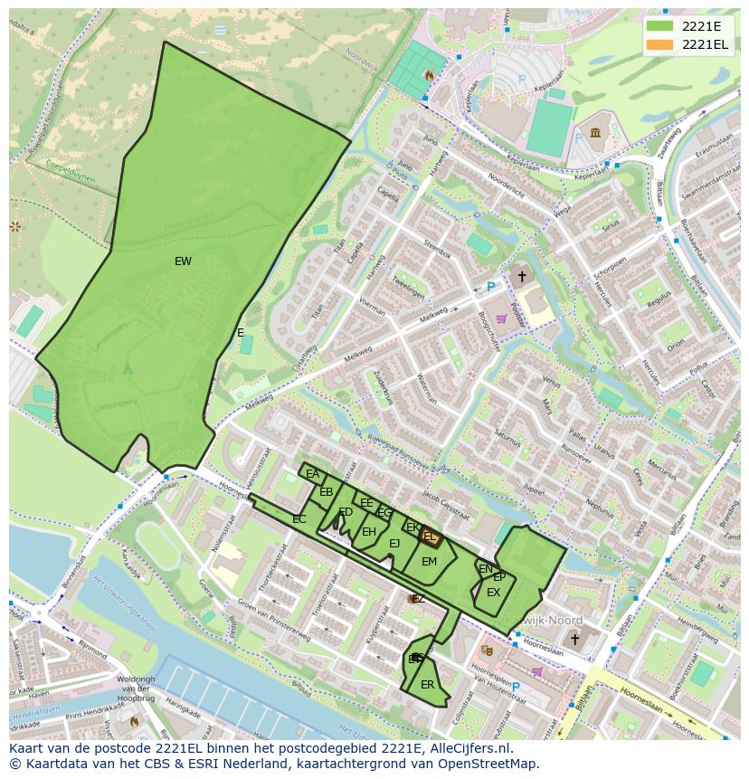 Afbeelding van het postcodegebied 2221 EL op de kaart.