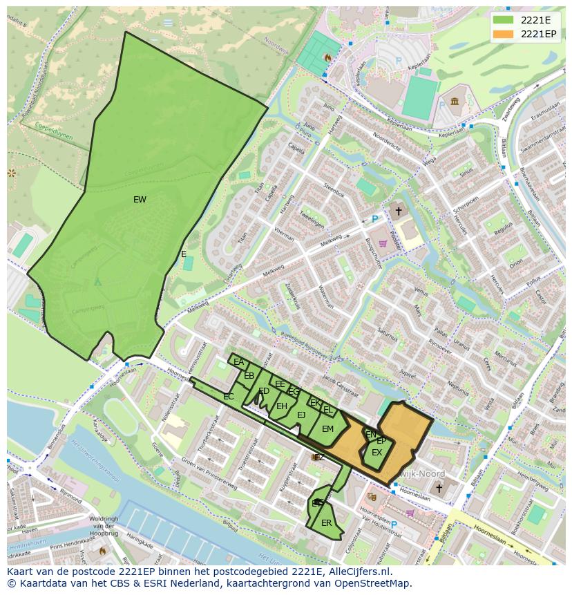Afbeelding van het postcodegebied 2221 EP op de kaart.