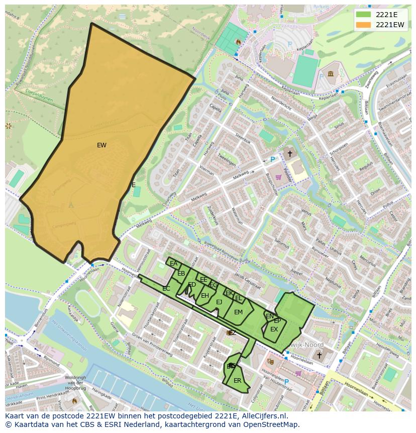 Afbeelding van het postcodegebied 2221 EW op de kaart.