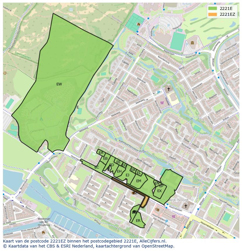 Afbeelding van het postcodegebied 2221 EZ op de kaart.