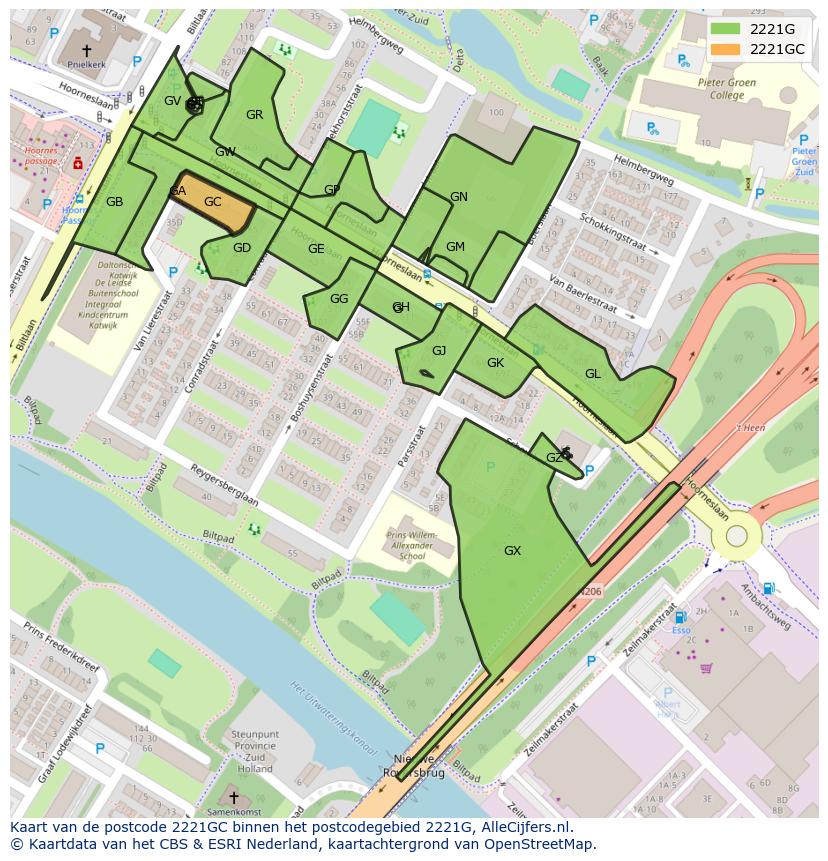 Afbeelding van het postcodegebied 2221 GC op de kaart.