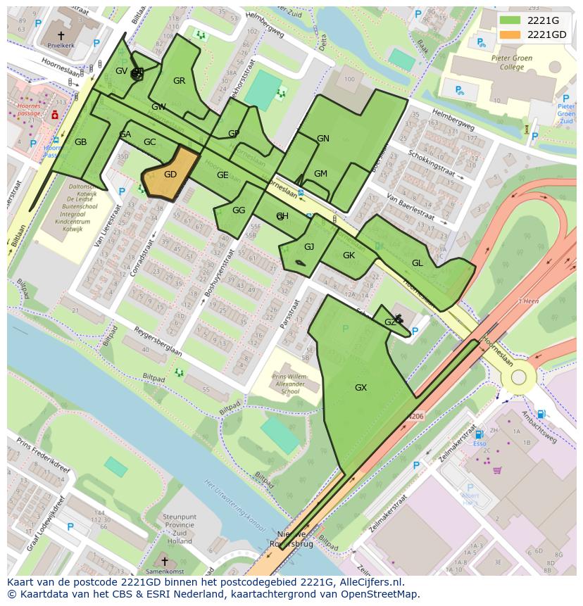 Afbeelding van het postcodegebied 2221 GD op de kaart.