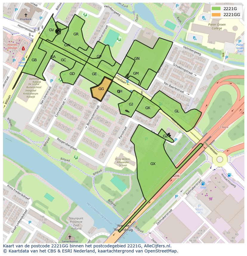 Afbeelding van het postcodegebied 2221 GG op de kaart.