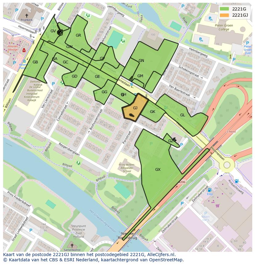 Afbeelding van het postcodegebied 2221 GJ op de kaart.