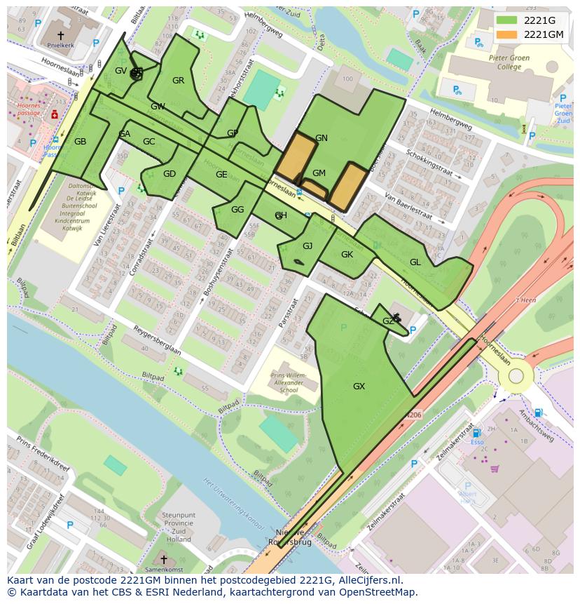 Afbeelding van het postcodegebied 2221 GM op de kaart.