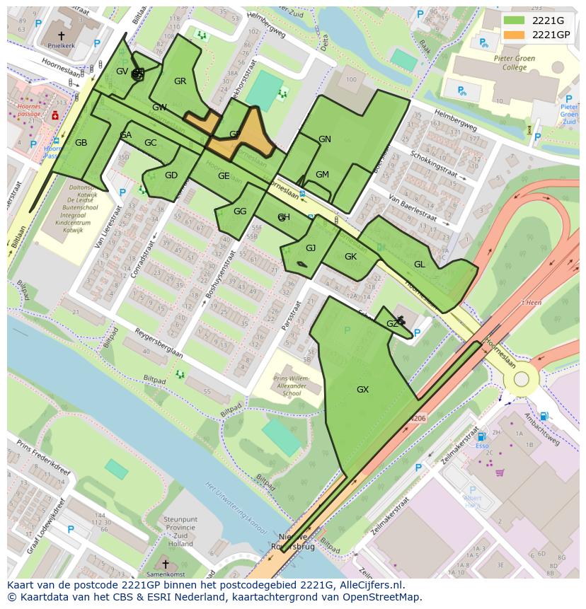 Afbeelding van het postcodegebied 2221 GP op de kaart.