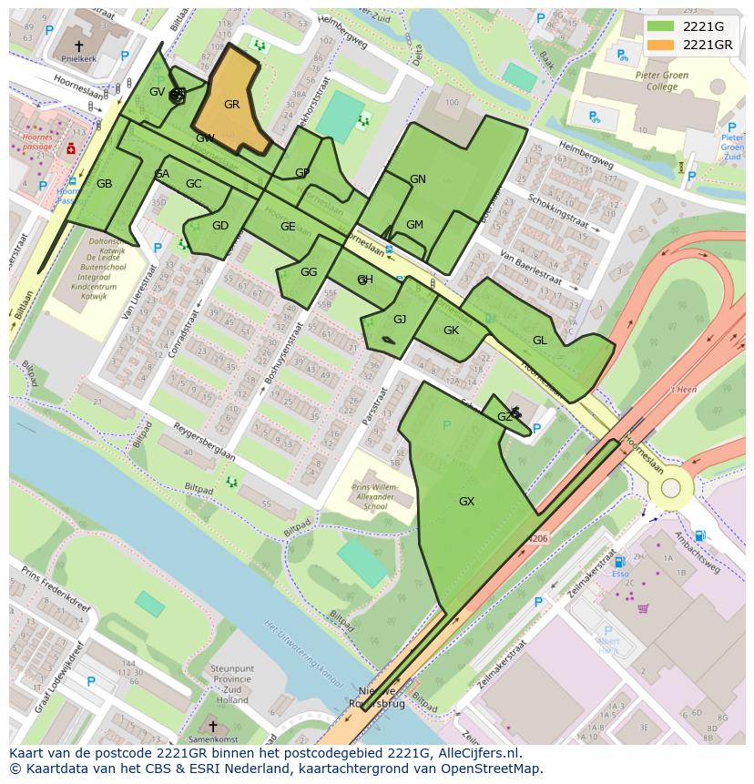 Afbeelding van het postcodegebied 2221 GR op de kaart.
