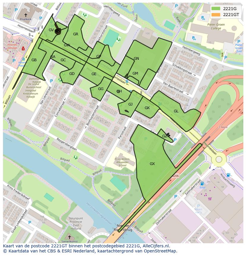 Afbeelding van het postcodegebied 2221 GT op de kaart.